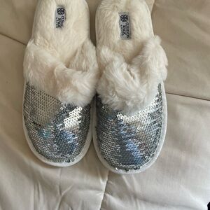 Silver Sequin and White Faux Fur Slippers